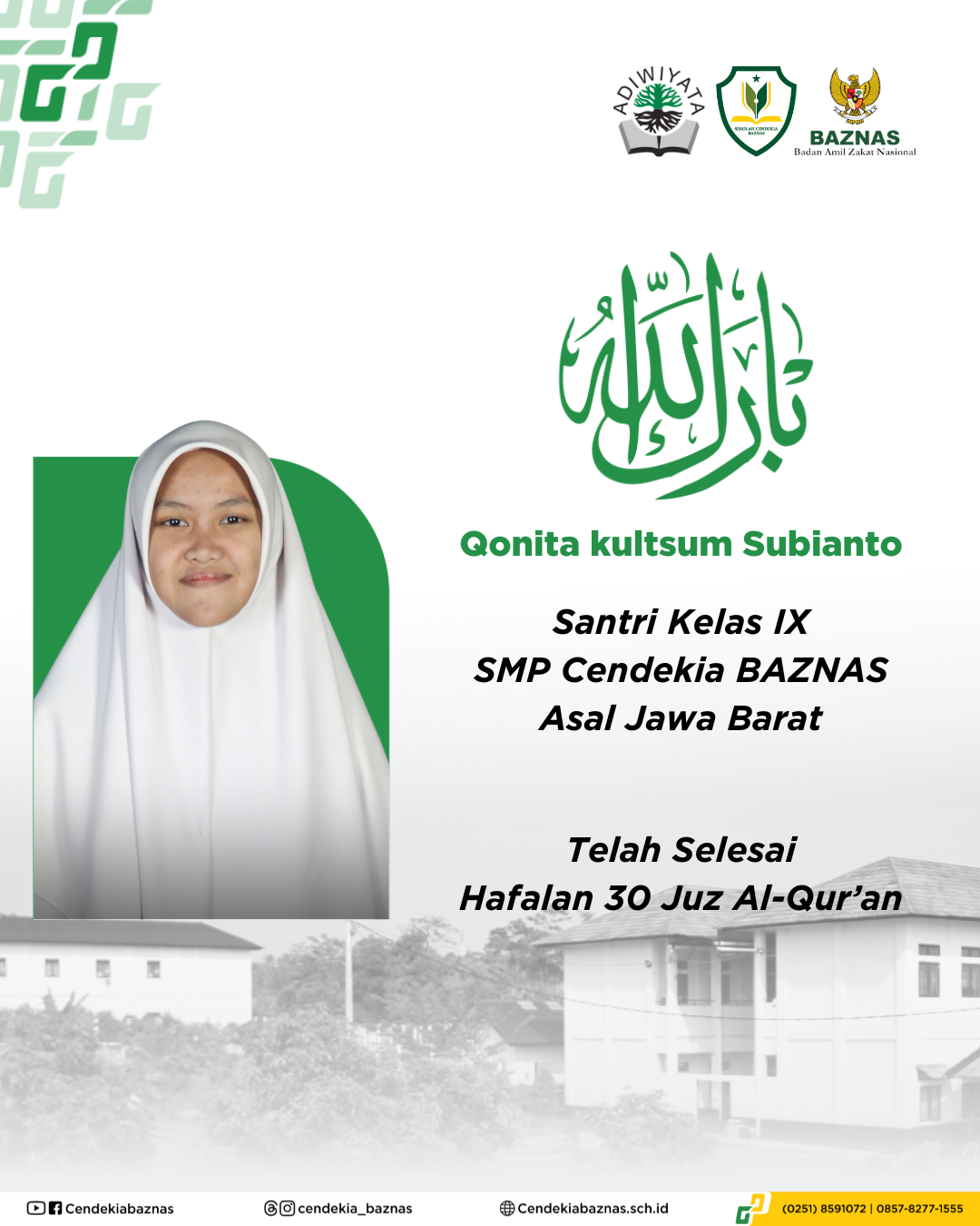 Qonita Kaltsum Subiyanto Santri Sekolah Cendekia BAZNAS Tuntaskan Hafalan Al-Qur'an 30 Juz