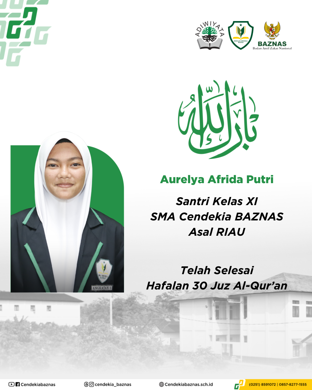 Aurelya Afrida Putri Santri Sekolah Cendekia BAZNAS Tuntaskan Hafalan Al-Qur'an 30 Juz
