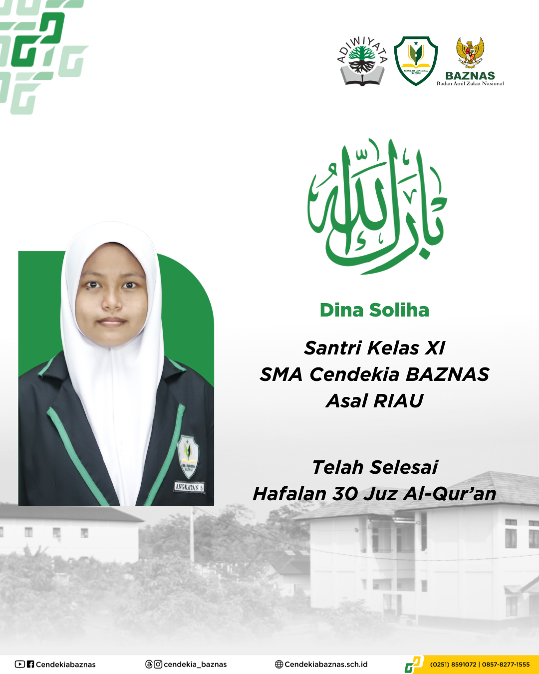Dina Soliha Santri Sekolah Cendekia BAZNAS Tuntaskan Hafalan Al-Qur'an 30 Juz