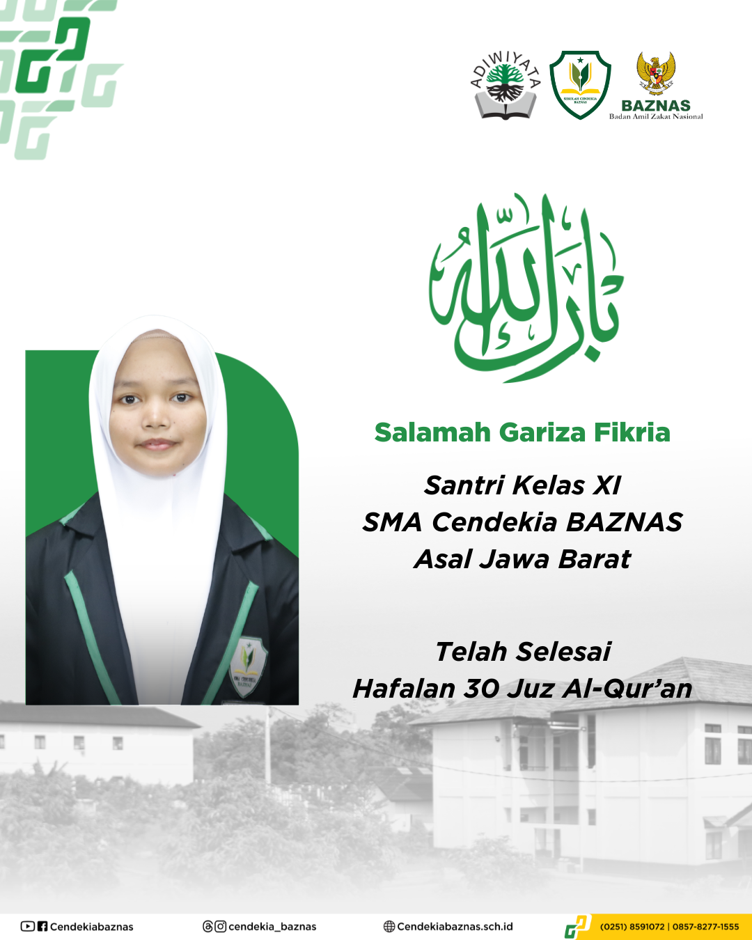 Salamah Gariza Fikria Santri Sekolah Cendekia BAZNAS Tuntaskan Hafalan Al-Qur'an 30 Juz